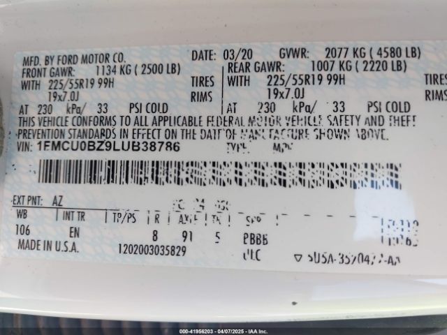 1FMCU0BZ9LUB38786 Ford Escape Se Sport Hybrid