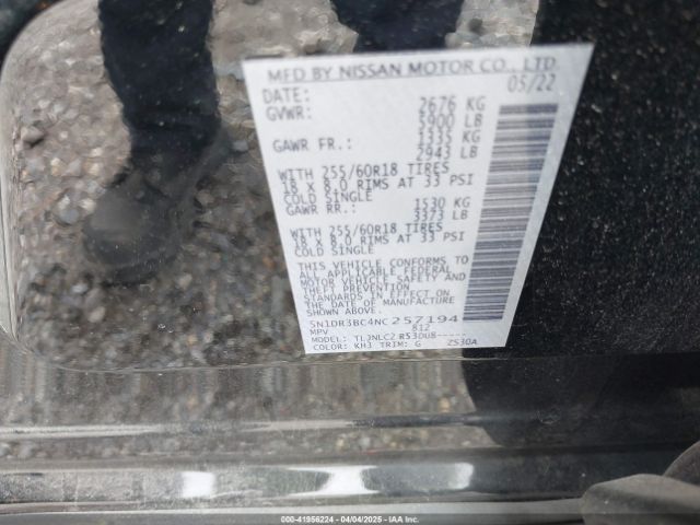5N1DR3BC4NC257194 Nissan Pathfinder Sv 4wd