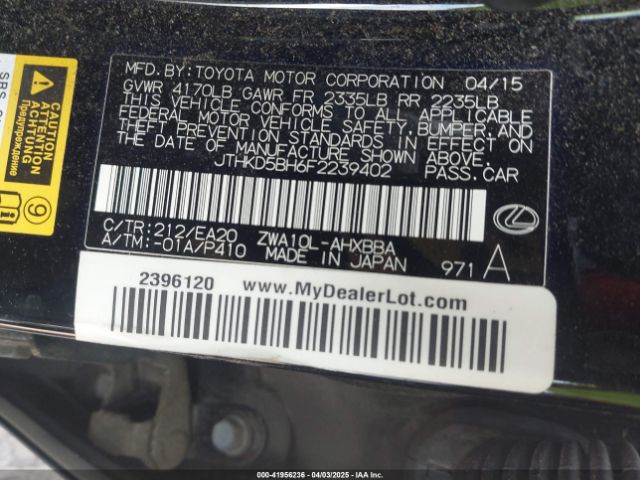JTHKD5BH6F2239402 Lexus CT 200H