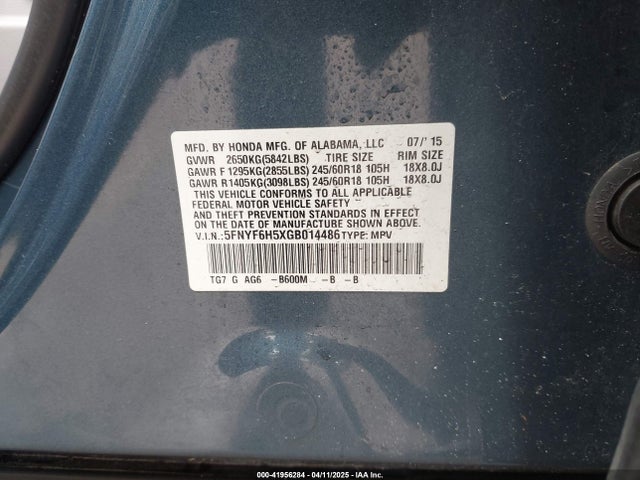 5FNYF6H5XGB014486 Honda Pilot Ex-l