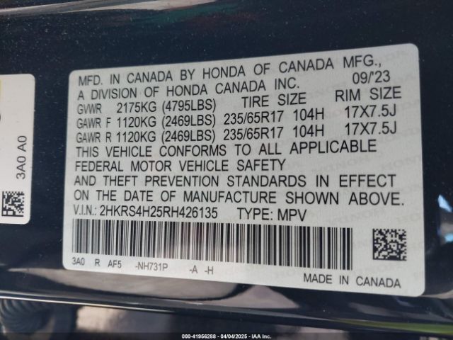 2HKRS4H25RH426135 Honda Cr-v Lx Awd