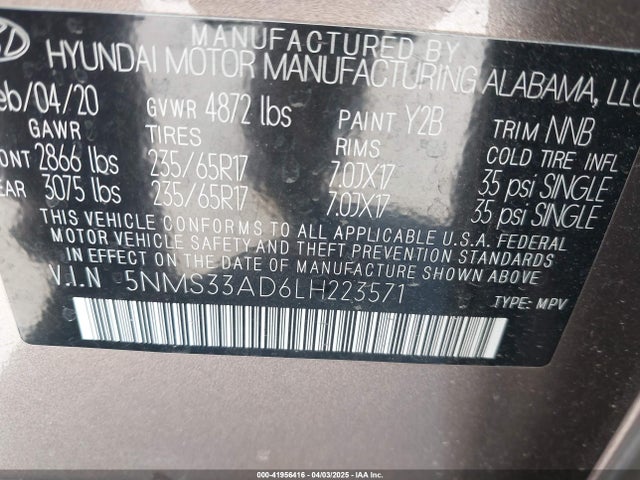 5NMS33AD6LH223571 Hyundai Santa Fe Sel