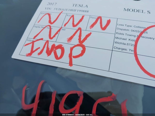 Продаж на аукціоні авто 2017 Tesla Model S 60/75, vin: 5YJSA1E18HF199888, номер лоту: 41956431