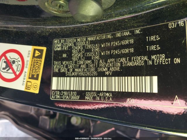 5TDJKRFH9GS265295 Toyota Highlander Xle V6