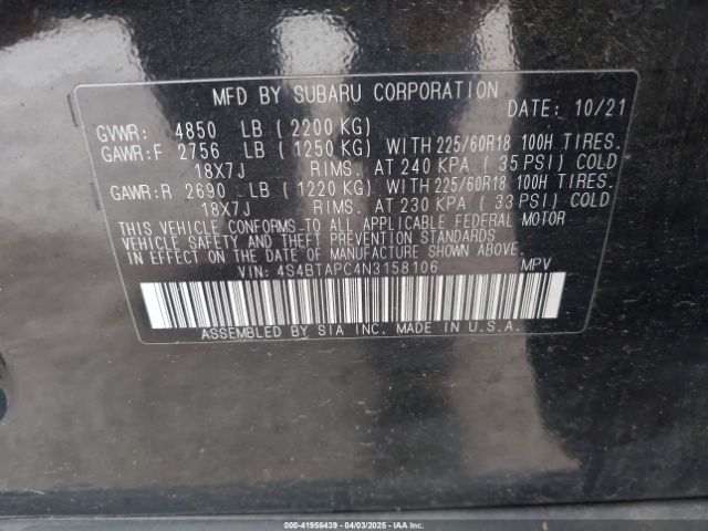 2022 SUBARU OUTBACK 4S4BTAPC4N3158106 Photo 8