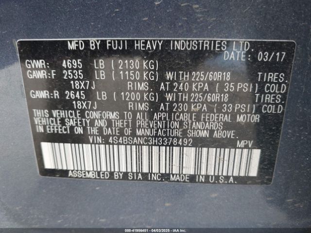 4S4BSANC3H3378492 Subaru Outback 2.5i Limited