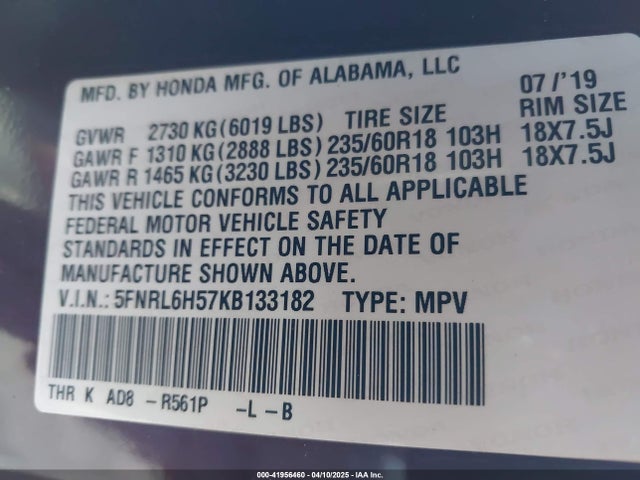 5FNRL6H57KB133182 Honda ODYSSEY EX