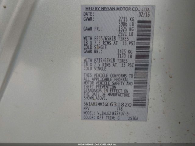 5N1AR2MM3GC631820 Nissan Pathfinder Platinum/s/sl/sv