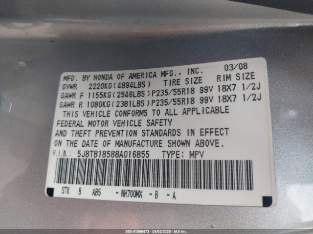 2008 ACURA RDX 5J8TB18588A016855 Photo 8