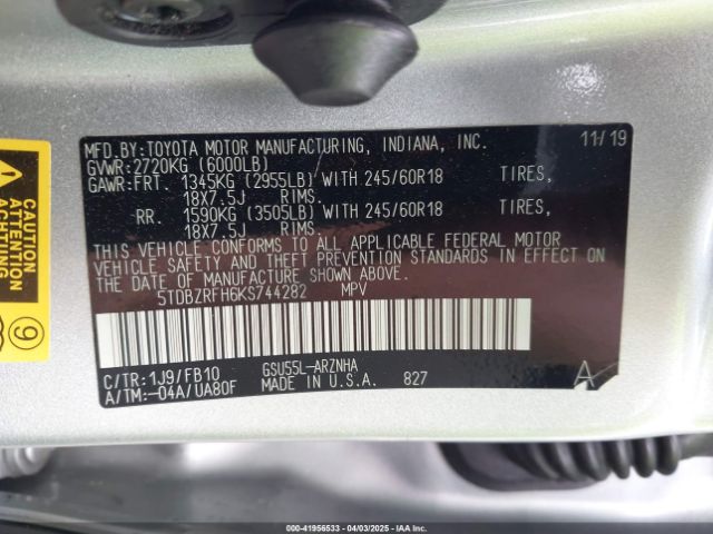5TDBZRFH6KS744282 Toyota Highlander Le