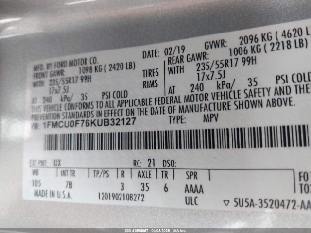 2019 FORD ESCAPE 1FMCU0F76KUB32127 Photo 8