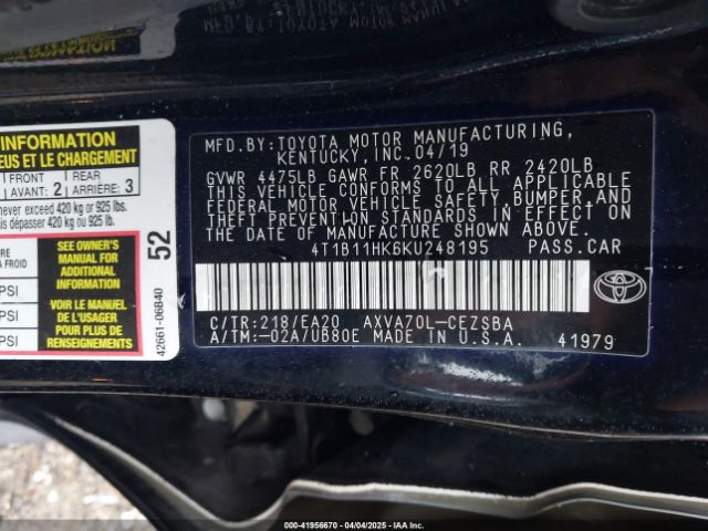 4T1B11HK6KU248195 Toyota CAMRY SE