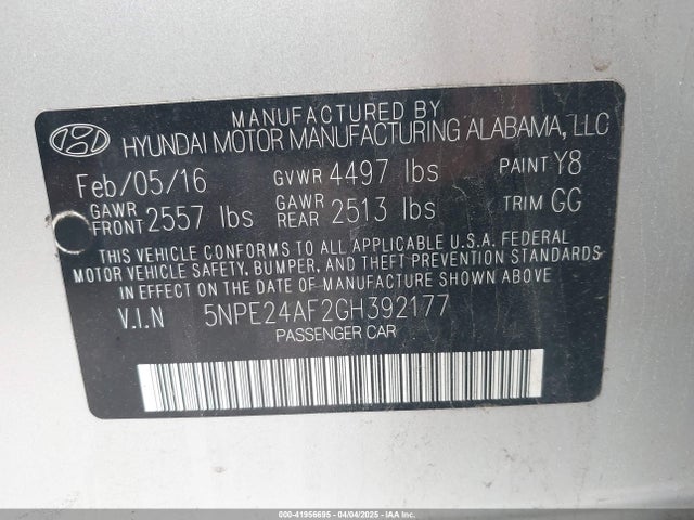 5NPE24AF2GH392177 Hyundai SONATA SE