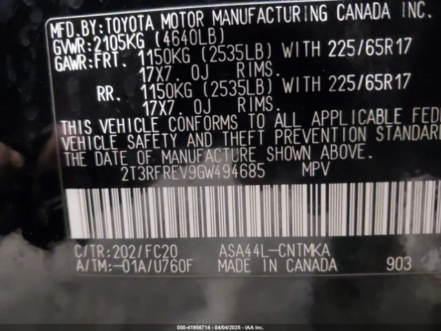 2T3RFREV9GW494685 Toyota Rav4 Xle