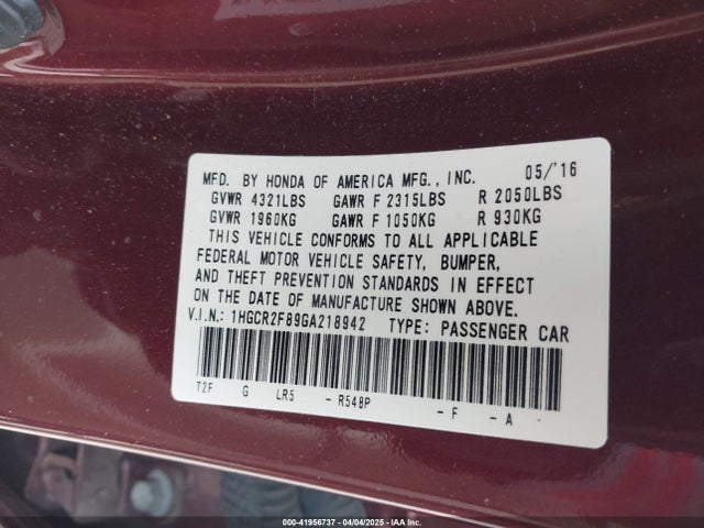 1HGCR2F89GA218942 Honda Accord Ex-l