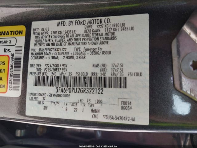 3FA6P0PU2GR322122 Ford Fusion Energi Se Luxury