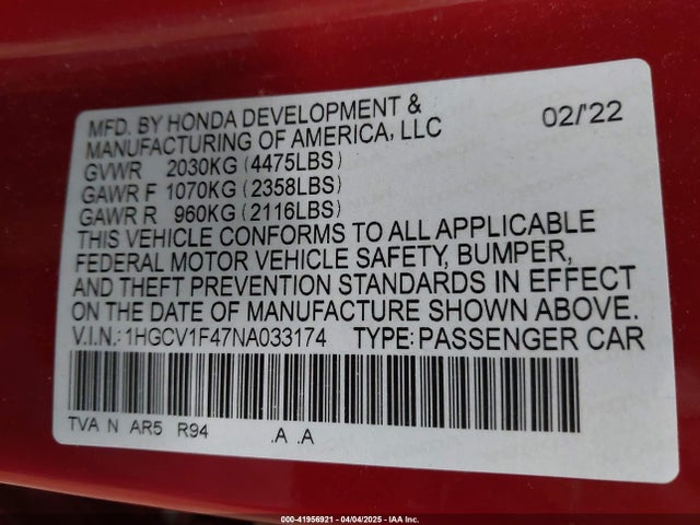 1HGCV1F47NA033174 Honda Accord Sport Special Edition