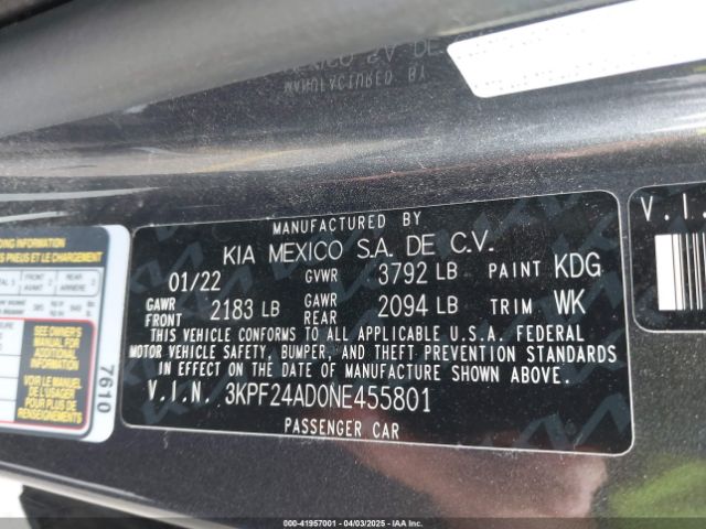 3KPF24AD0NE455801 KIA Forte Lxs