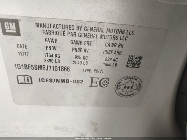 1G1BF5SM6J7151866 Chevrolet Cruze Premier Auto