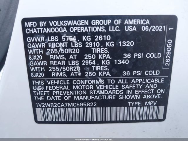 1V2WR2CA7MC595822 Volkswagen Atlas 3.6l V6 Se W/technology