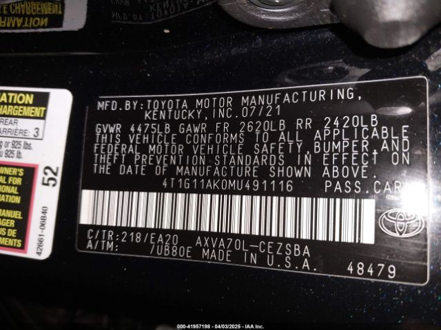 4T1G11AK0MU491116 Toyota CAMRY SE