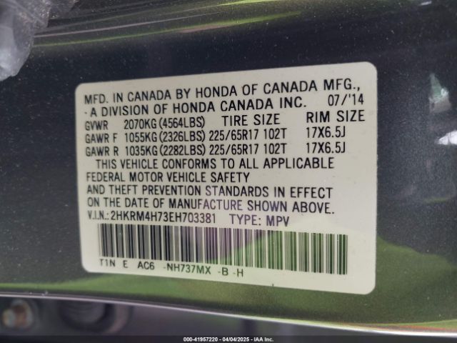 2HKRM4H73EH703381 Honda Cr-v Ex-l