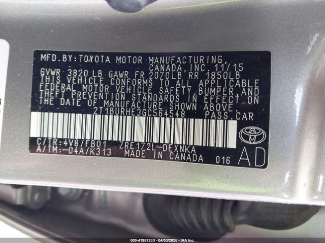 2T1BURHE3GC564548 Toyota COROLLA LE