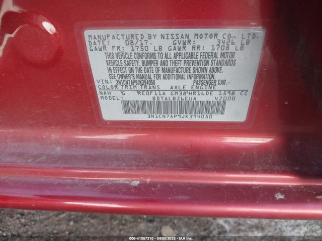 3N1CN7AP9JK394050 Nissan Versa 1.6 Sv