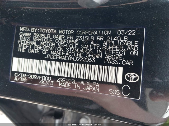 JTDEPMAE8NJ222063 Toyota 2zr-fae