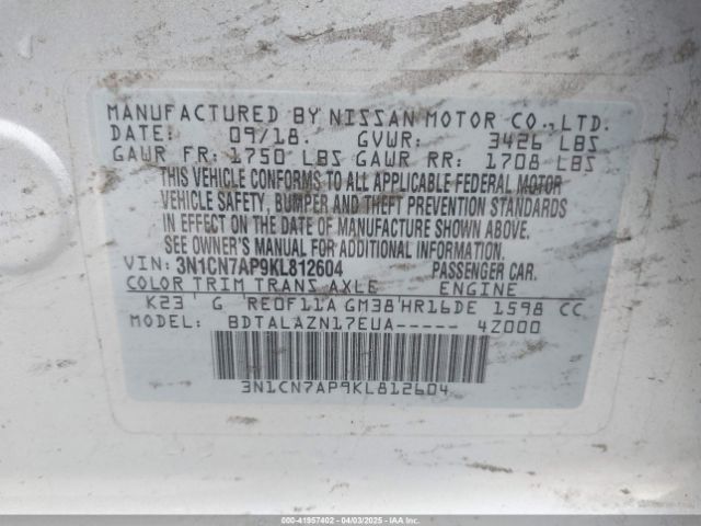 3N1CN7AP9KL812604 Nissan Versa 1.6 S+