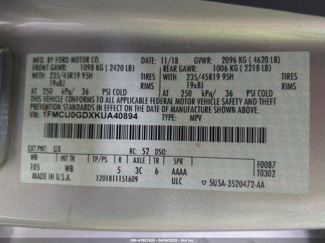 1FMCU0GDXKUA40894 Ford ESCAPE SE