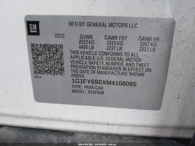 2021 Chevrolet Bolt Ev Fwd Lt მანქანა იყიდება აუქციონზე, vin: 1G1FY6S0XM4108085, აუქციონის ნომერი: 41957502