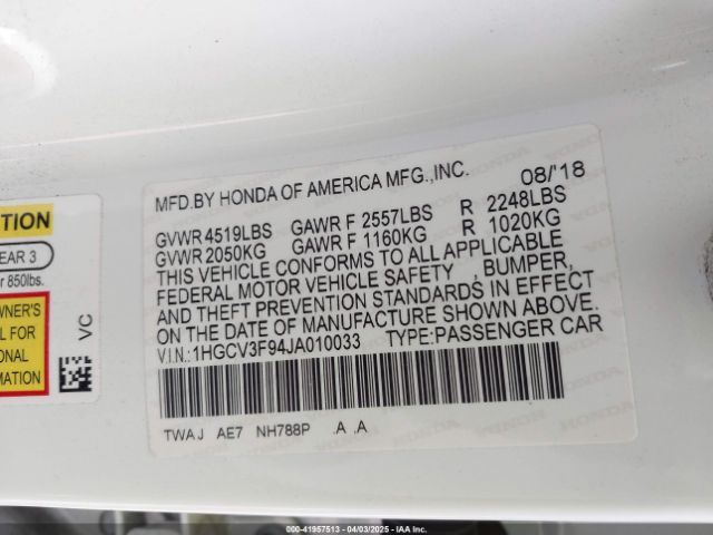 1HGCV3F94JA010033 Honda Accord Hybrid Touring