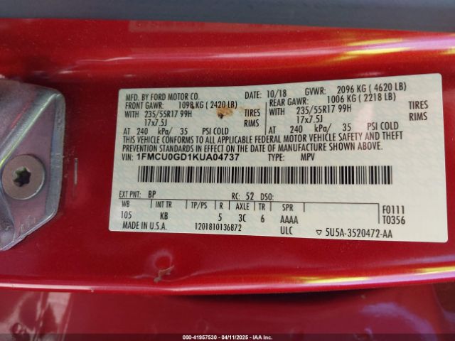 2019 FORD ESCAPE 1FMCU0GD1KUA04737 Photo 8