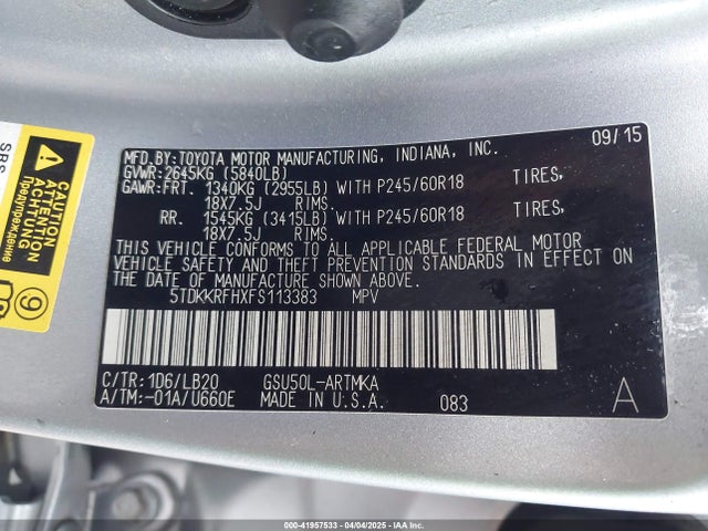 5TDKKRFHXFS113383 Toyota Highlander Xle V6
