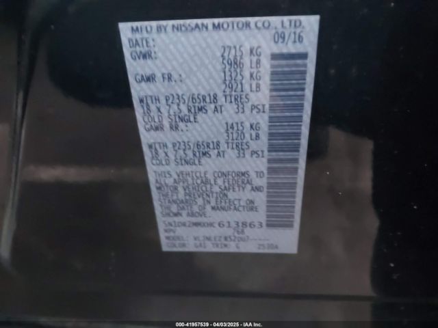 5N1DR2MMXHC613863 Nissan Pathfinder Platinum/s/sl/sv