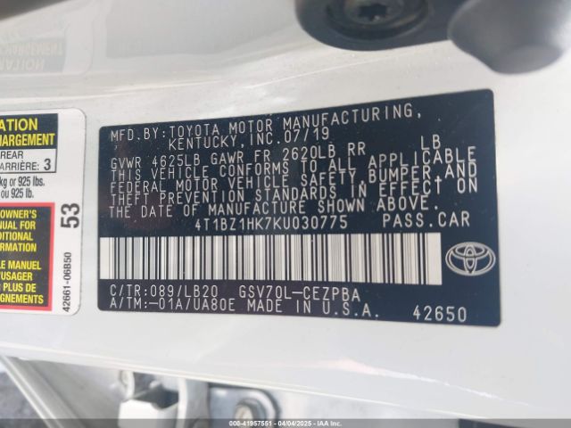 4T1BZ1HK7KU030775 Toyota Camry Xse V6