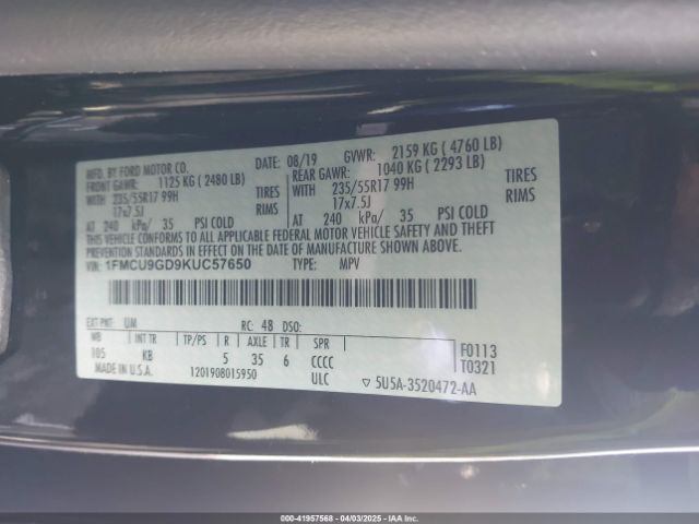 1FMCU9GD9KUC57650 Ford ESCAPE SE