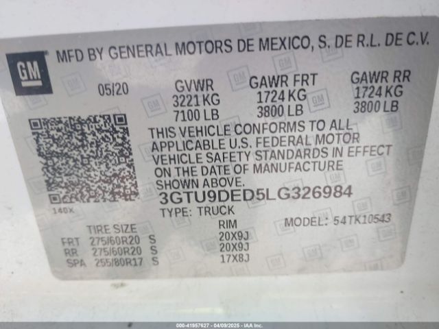 3GTU9DED5LG326984 GMC Sierra 1500 4wd  Short Box Slt