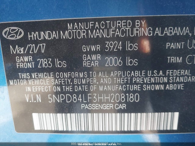5NPD84LF3HH208180 Hyundai Elantra Value Edition