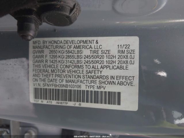 5FNYF6H39NB103106 Honda Pilot Awd Sport