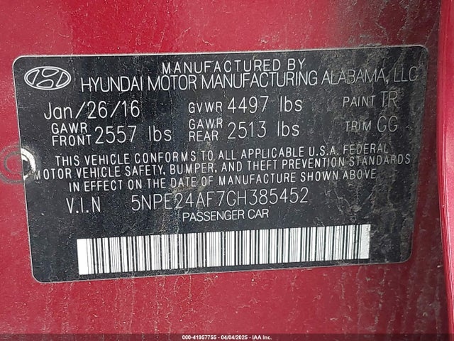 5NPE24AF7GH385452 Hyundai SONATA SE