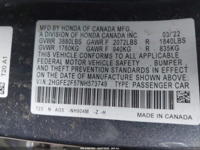 2HGFE2F57NH573749 Honda Civic Sport