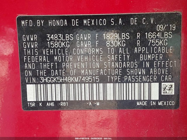 3HGGK5H48KM749515 Honda FIT LX