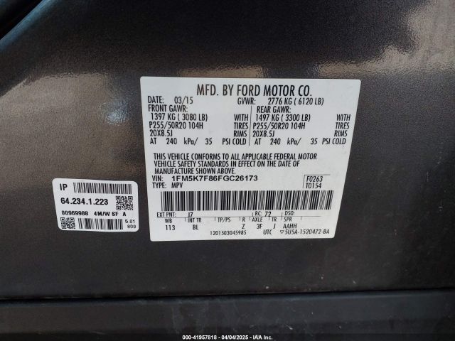 1FM5K7F86FGC26173 Ford Explorer Limited