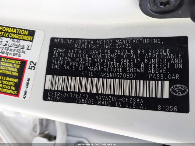 4T1G11AK5NU670897 Toyota Camry Se/se Night Shade
