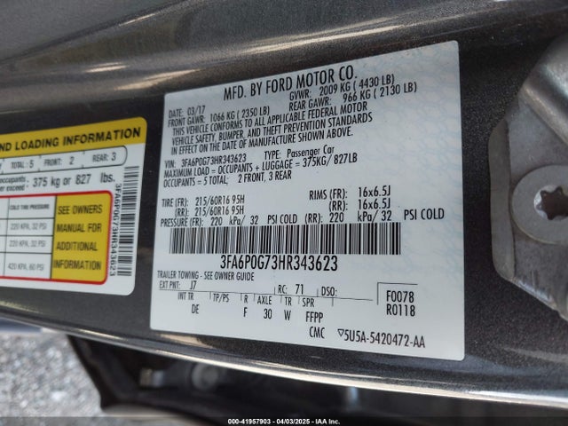 3FA6P0G73HR343623 Ford FUSION S