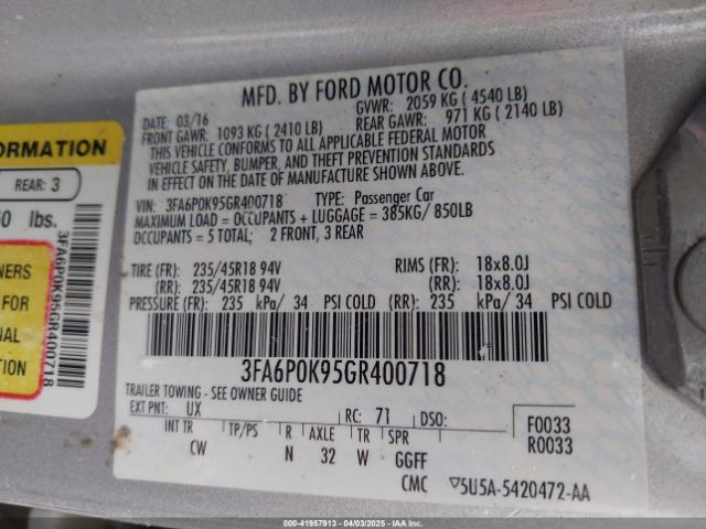 3FA6P0K95GR400718 Ford Fusion Titanium