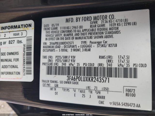 3FA6P0LUXKR243571 Ford Fusion Hybrid Se