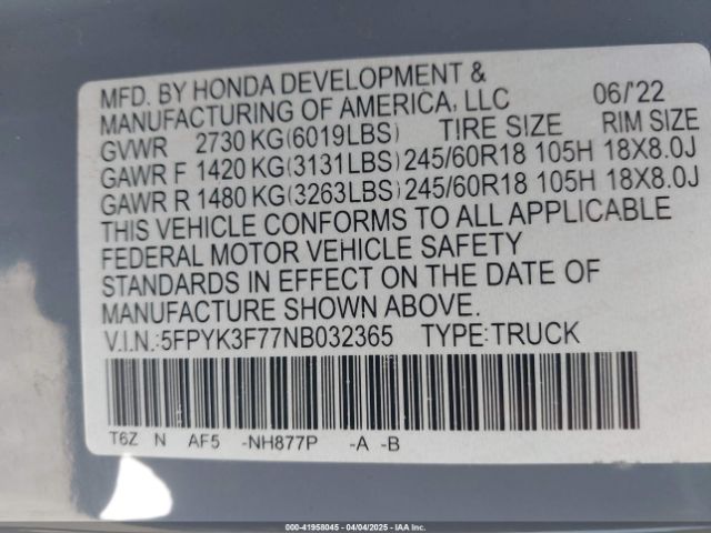 5FPYK3F77NB032365 Honda Ridgeline Rtl-e